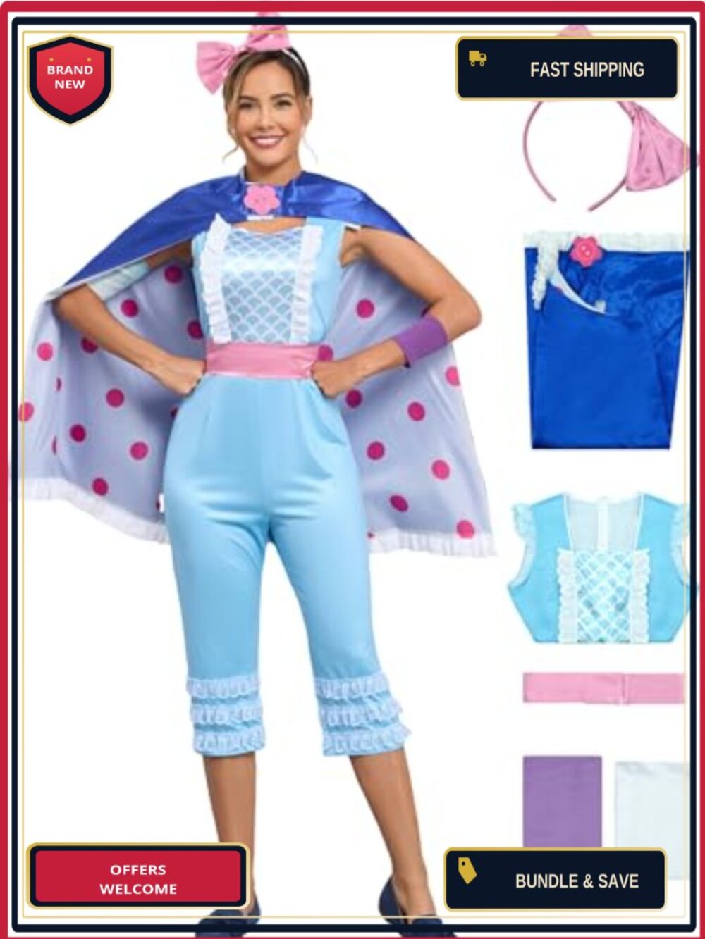 Poboola Adult Bo Peep Costume Jumpsuit Cape Princess Cosplay Set